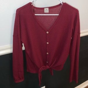 Lovemarks Waffle Knit Tie Front Button Top